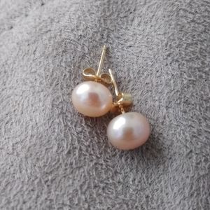 Estate 14k Gold 9/10mm Pink Akoya Pearl Stud Earrings + Gift Box